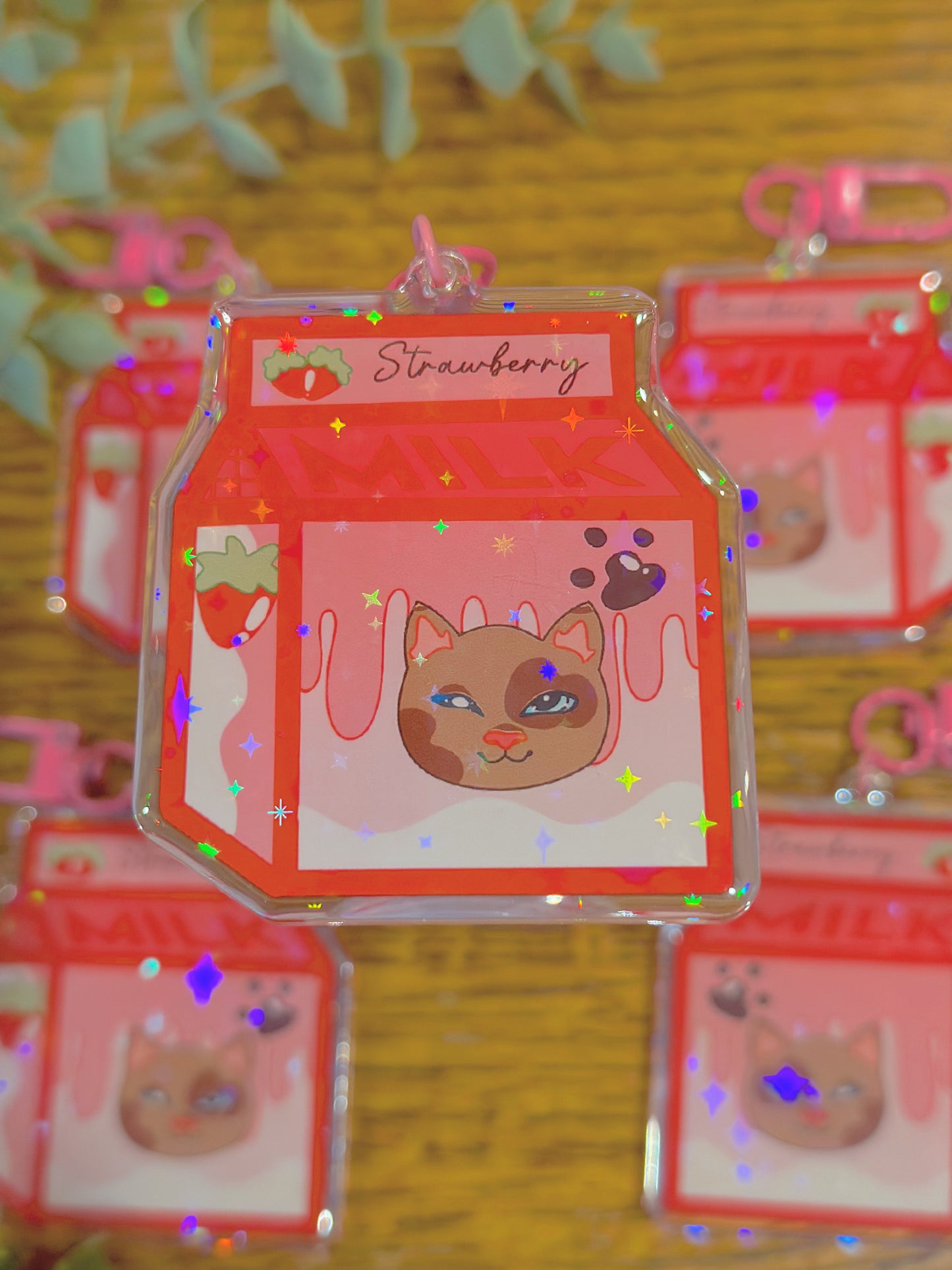 Cute Kawaii Holographic Acrylic Strawberry Milk Kitty Keychain