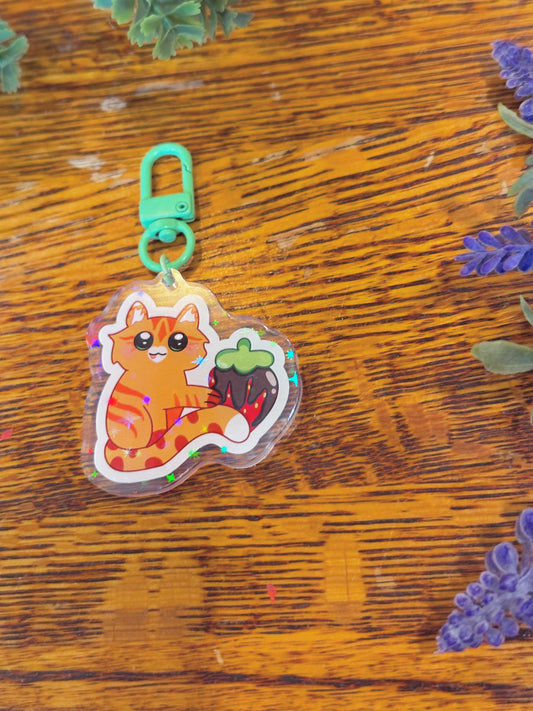 Silly Holographic Cute Cat Holding Chocolate Covered Strawberry Keychain