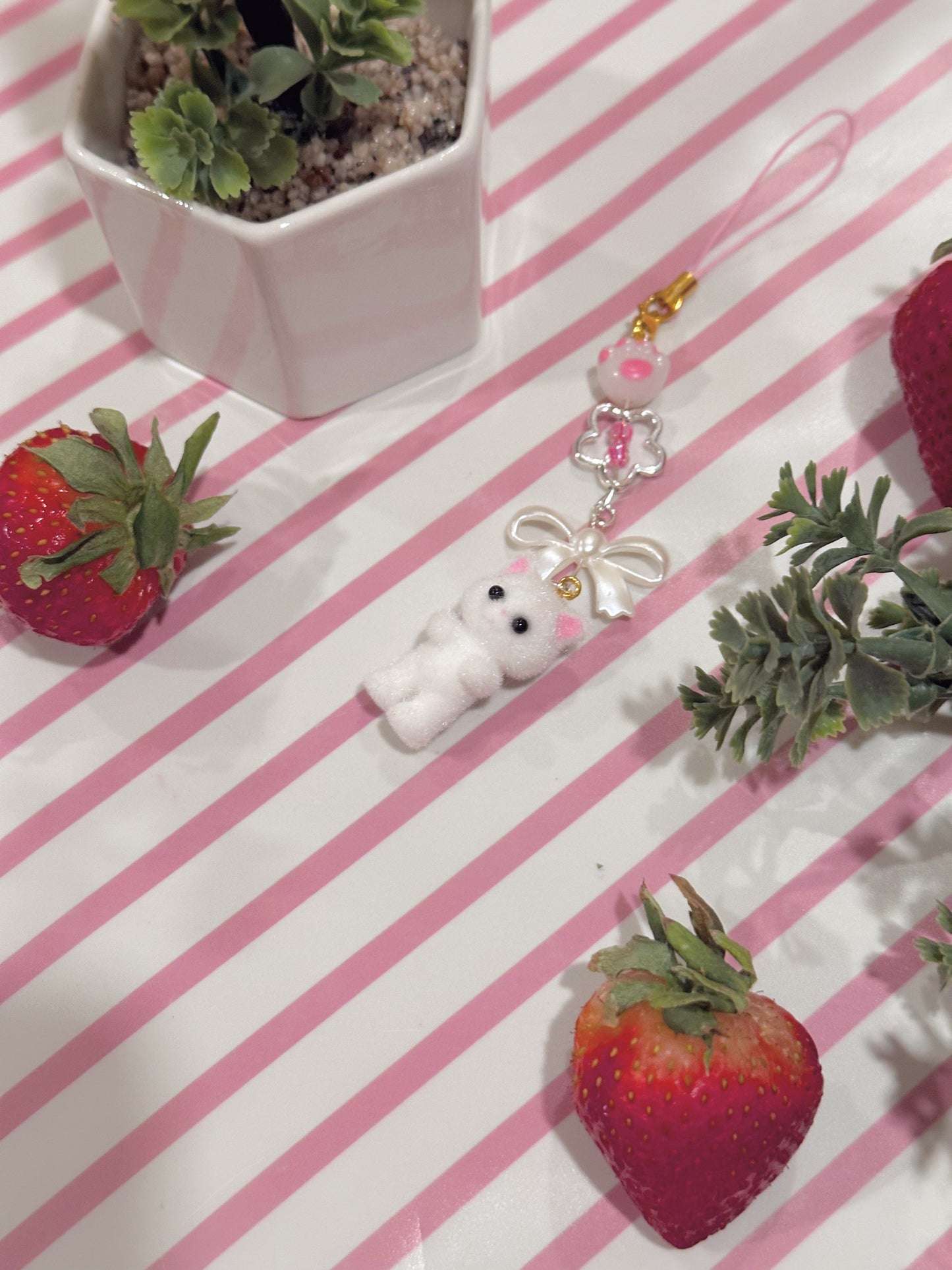 White Calico Critters Handmade Cat Phone Charm