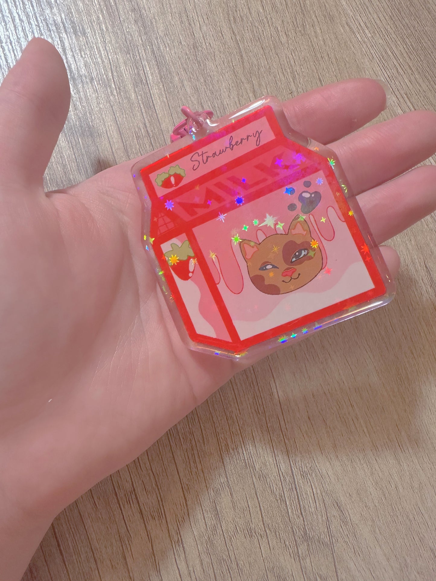 Cute Kawaii Holographic Acrylic Strawberry Milk Kitty Keychain