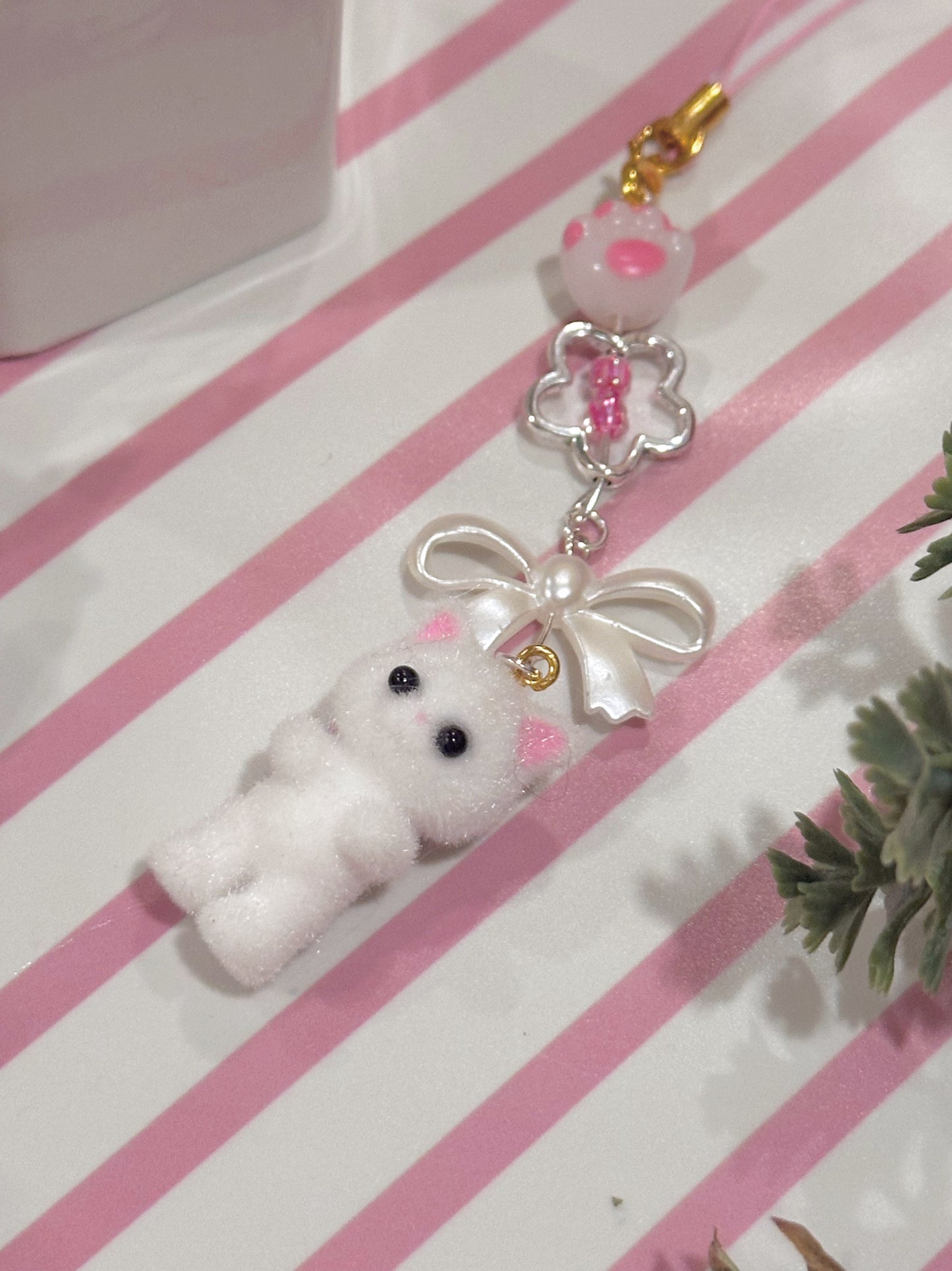 White Calico Critters Handmade Cat Phone Charm
