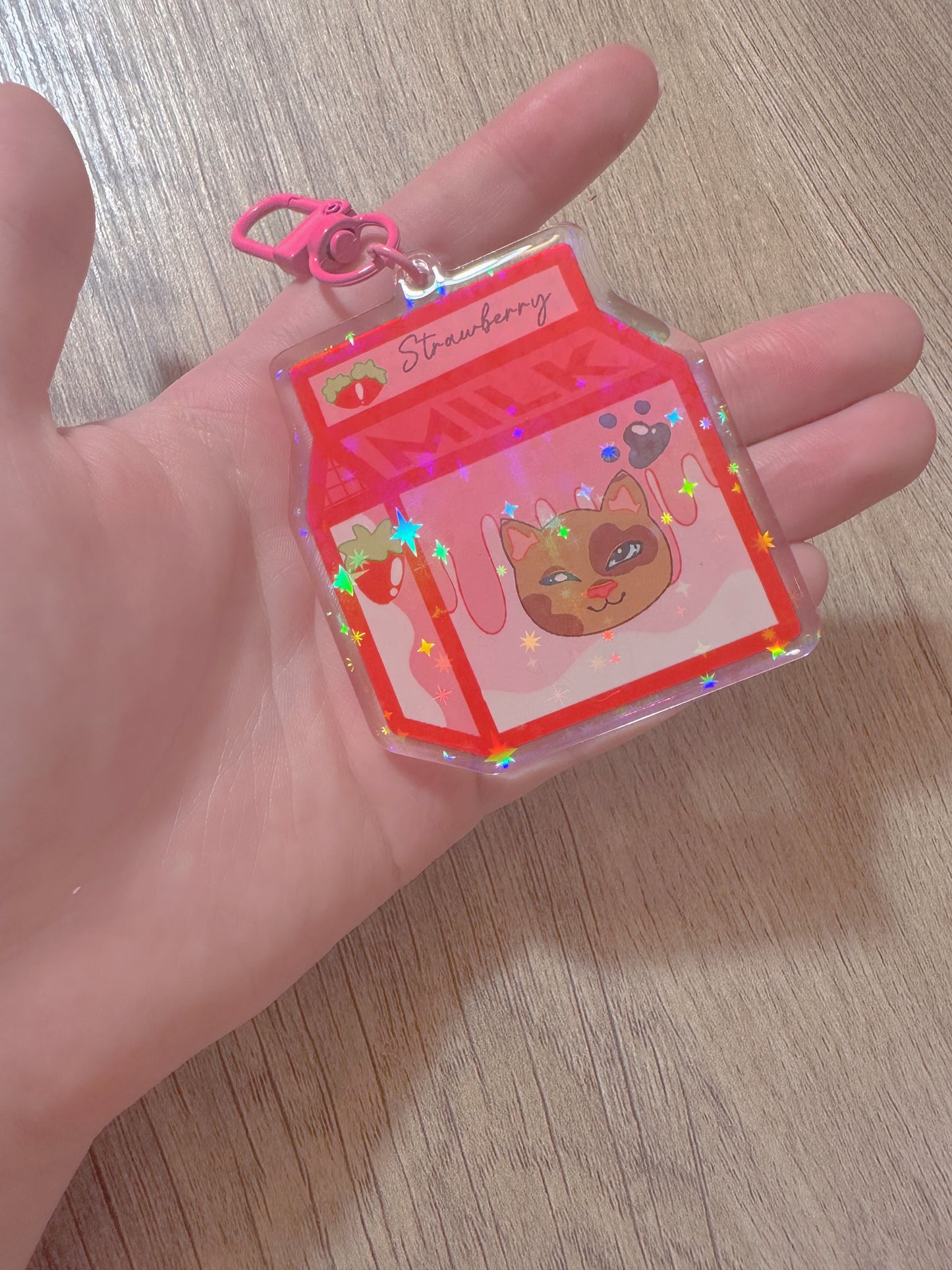 Cute Kawaii Holographic Acrylic Strawberry Milk Kitty Keychain