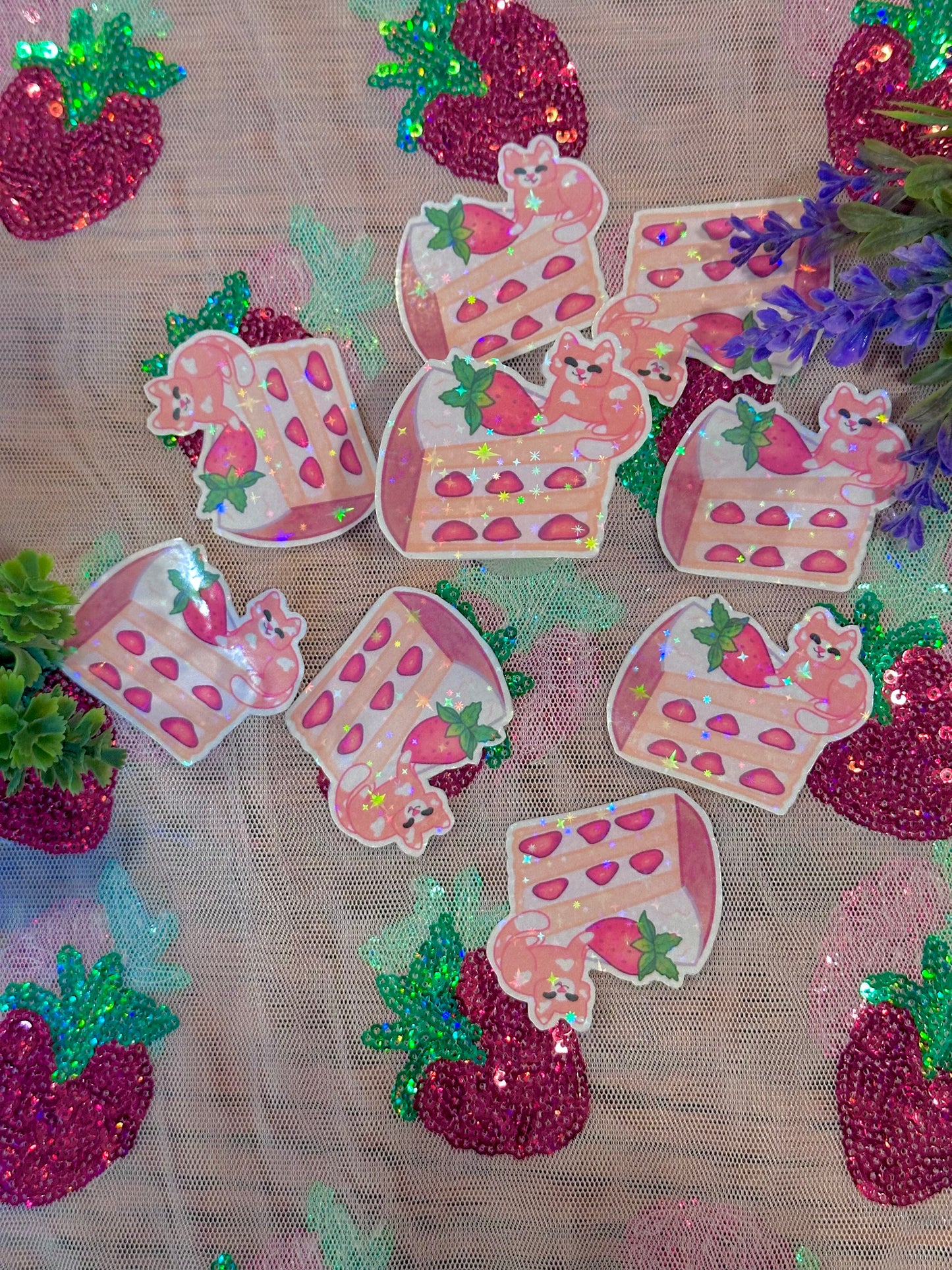 Cute & kawaii strawberry shortcake kitty holographic sticker | handmade!
