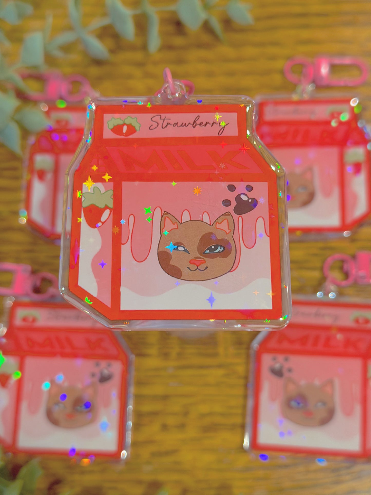 Cute Kawaii Holographic Acrylic Strawberry Milk Kitty Keychain