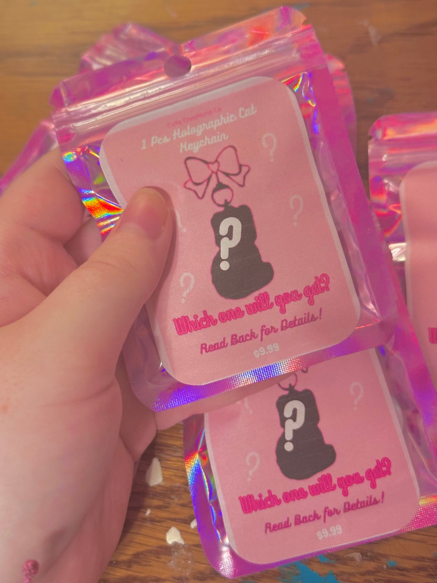 mystery/random holographic double sided kitty keychain | 5 different variants | keychain blind bag