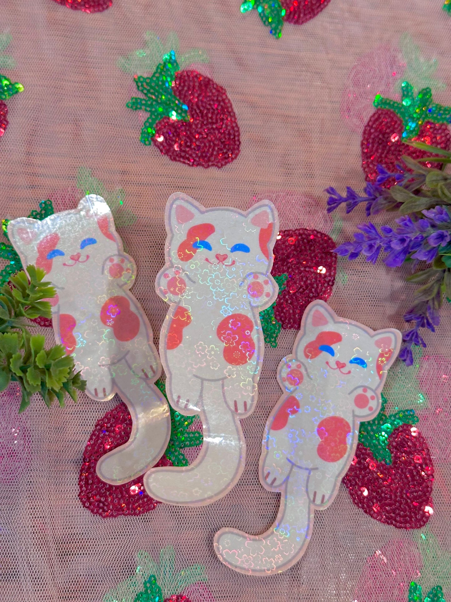 Cute Kawaii Handmade Holographic Long Cat Stickers