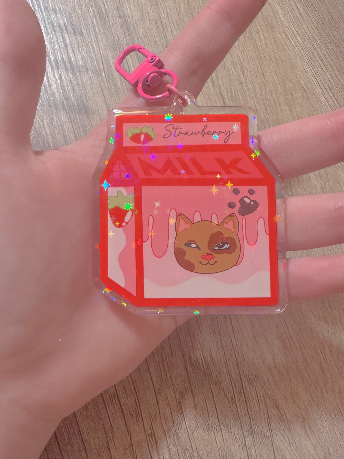 Cute Kawaii Holographic Acrylic Strawberry Milk Kitty Keychain