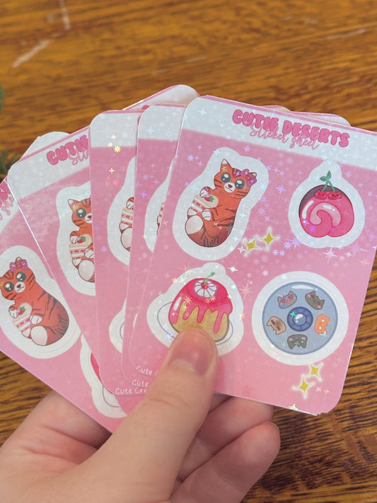 Mini ‘Cutie Desserts’ Holographic Easy Peel Cat Themed Sticker Sheet