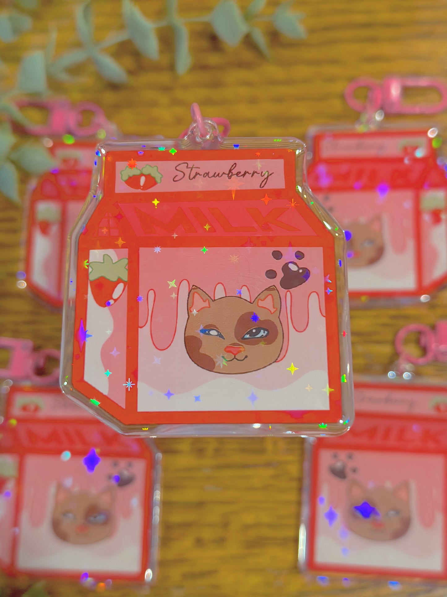 Cute Kawaii Holographic Acrylic Strawberry Milk Kitty Keychain