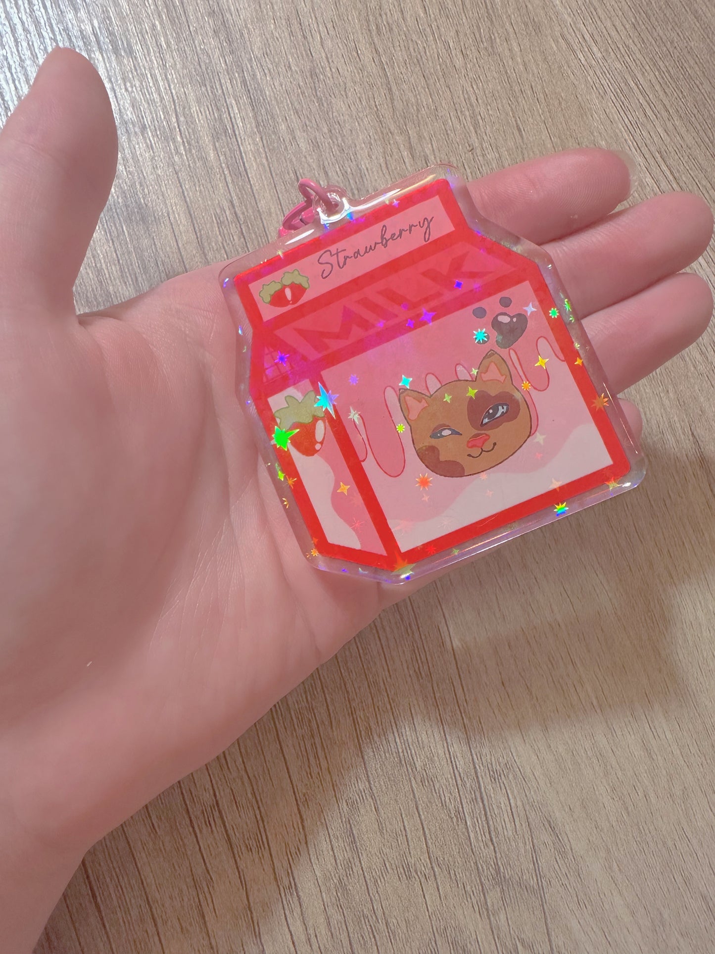 Cute Kawaii Holographic Acrylic Strawberry Milk Kitty Keychain