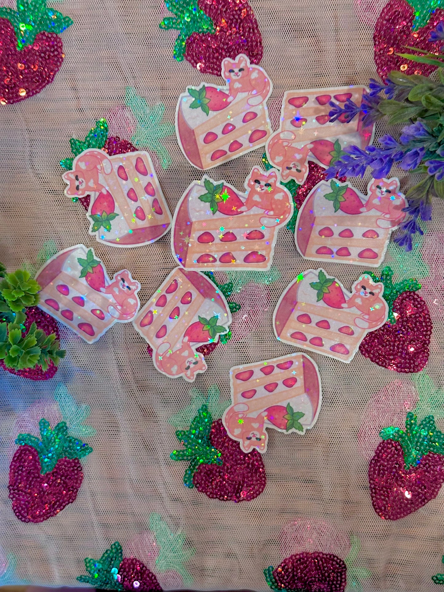 Cute & kawaii strawberry shortcake kitty holographic sticker | handmade!