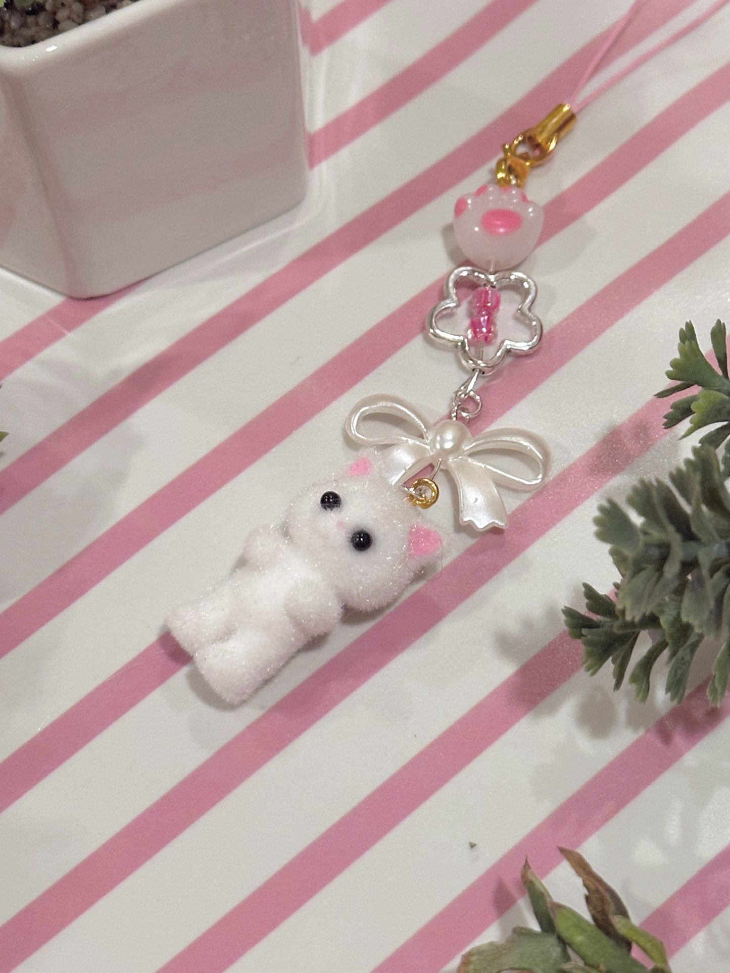 White Calico Critters Handmade Cat Phone Charm