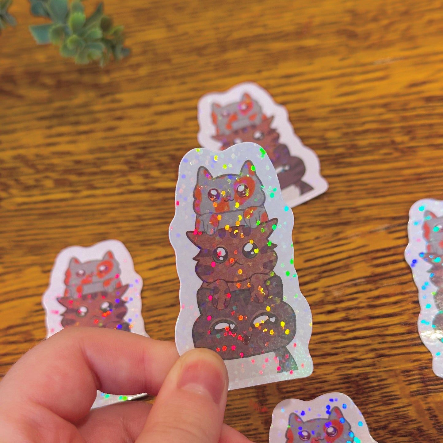 Cute & Adorable Stacked Kittens Holographic Cat Themed Sticker