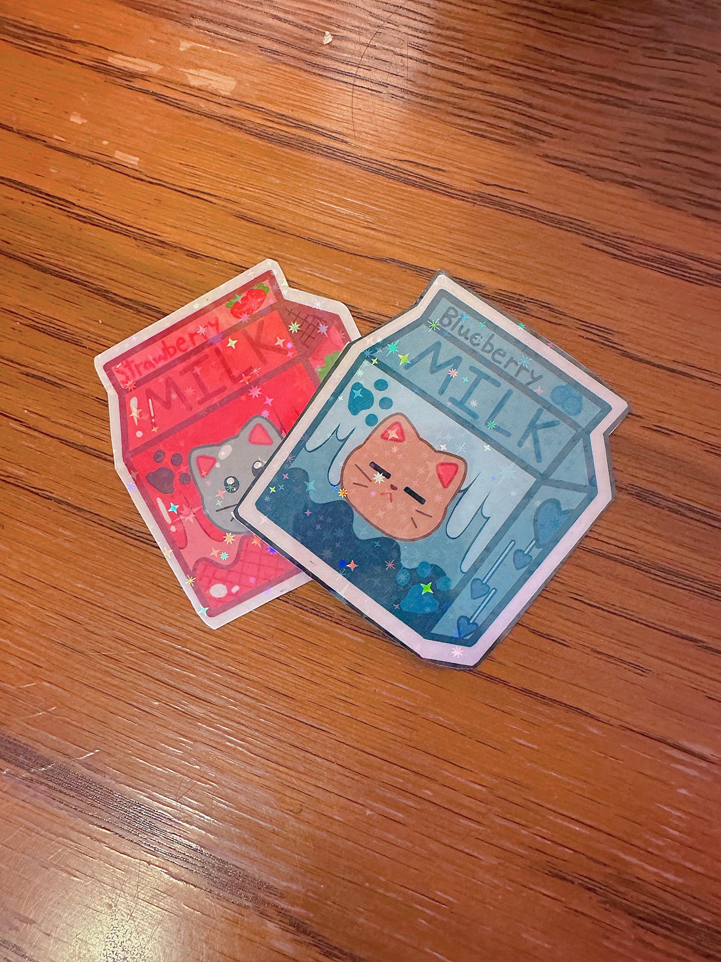 Cute and Aesthetic Holographic Strawberry + Blueberry Flavored Holographic Milk Sticker