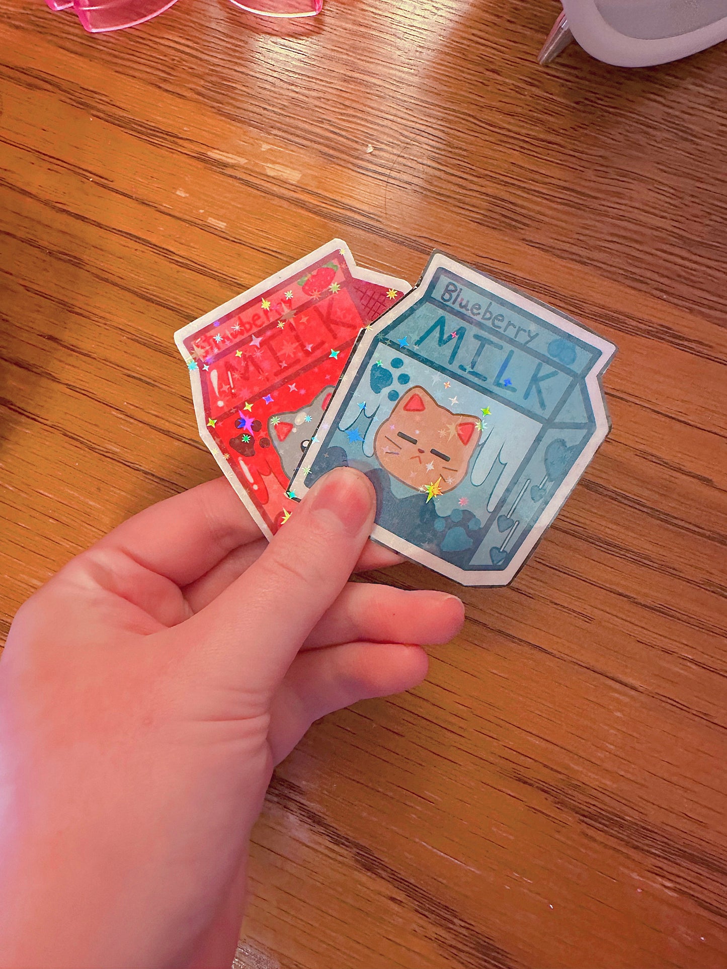 Cute and Aesthetic Holographic Strawberry + Blueberry Flavored Holographic Milk Sticker