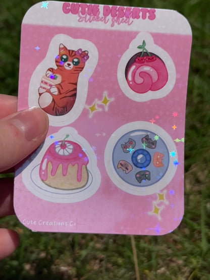 Mini ‘Cutie Desserts’ Holographic Easy Peel Cat Themed Sticker Sheet