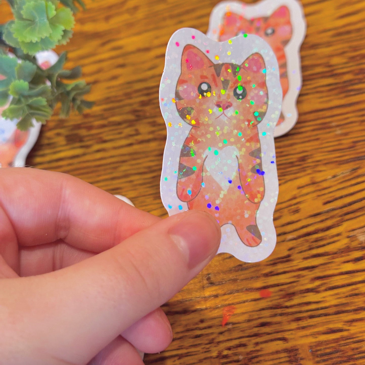 Cute & Silly Standing Orange Cat Holographic Sticker