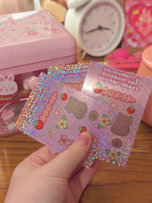 Strawberry Blossom Mini Holographic Cat Sticker Sheet🍓🌼