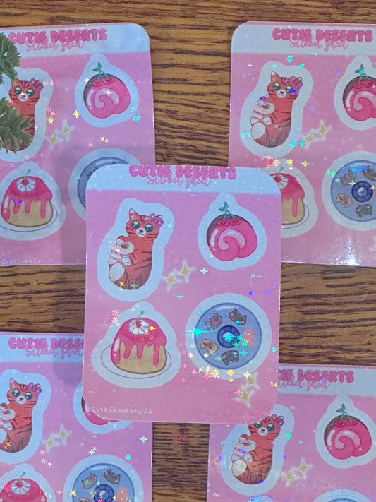 Mini ‘Cutie Desserts’ Holographic Easy Peel Cat Themed Sticker Sheet