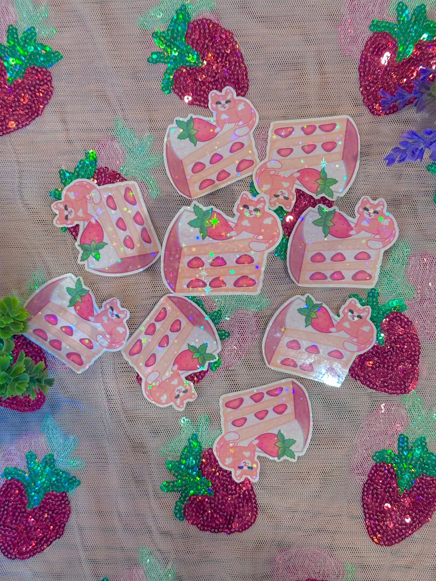 Cute & kawaii strawberry shortcake kitty holographic sticker | handmade!