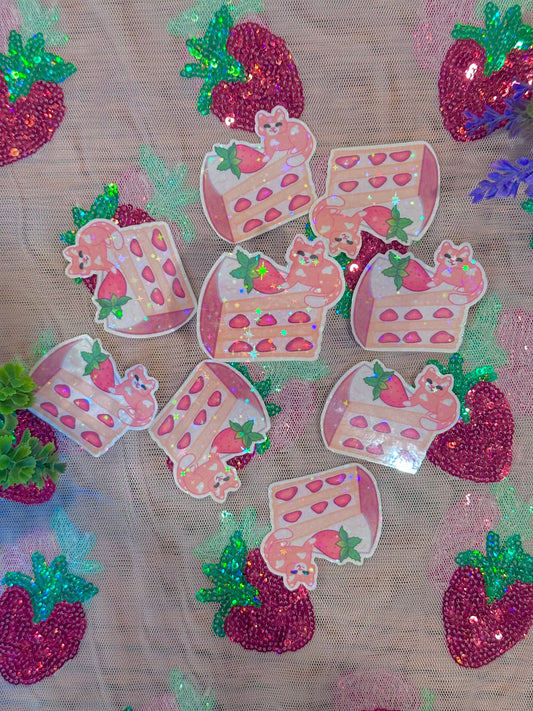 Cute & kawaii strawberry shortcake kitty holographic sticker | handmade!