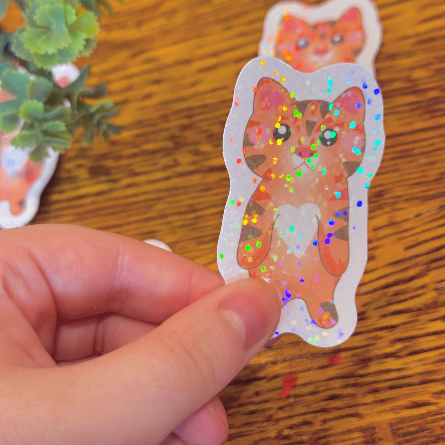 Cute & Silly Standing Orange Cat Holographic Sticker