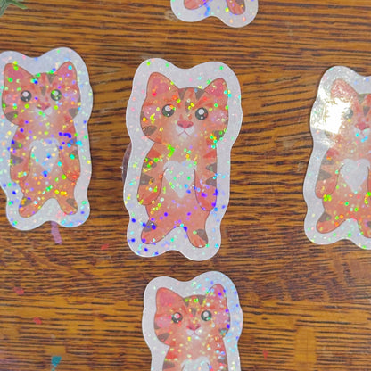 Cute & Silly Standing Orange Cat Holographic Sticker