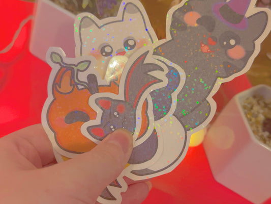 cute & kawaii Halloween themed kitty stickers | bundle of 5 handmade holographic stickers! |