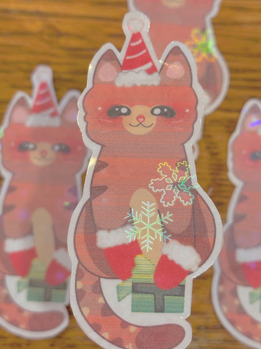 Cute & Kawaii Holographic Christmas themed Cat Sticker (B- Grade)