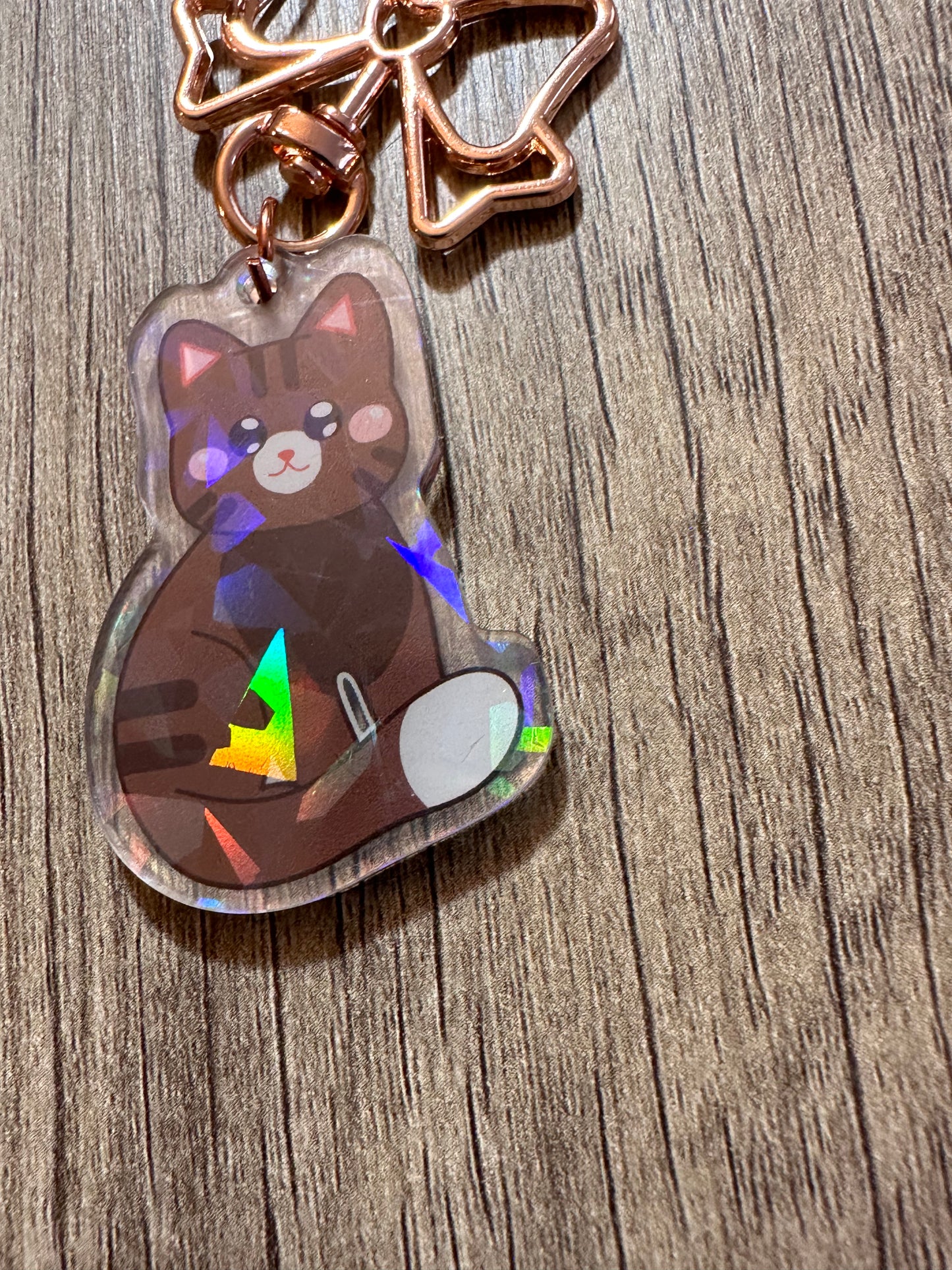 Cute Brown and White Tabby Kitty Holographic Acrylic Keychain