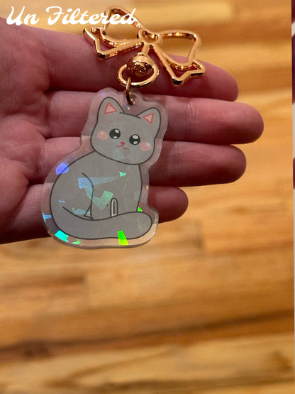 Cute Grey Kitty Holographic Acrylic Keychain