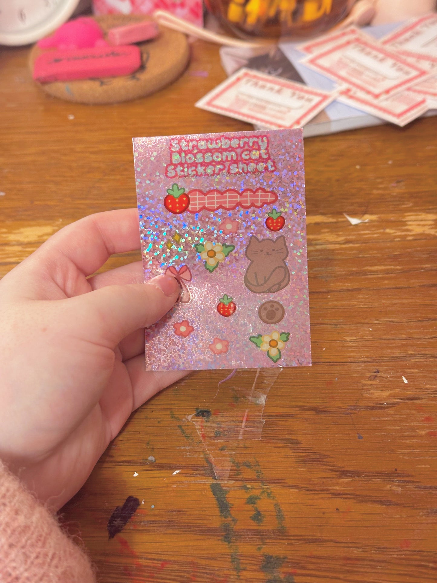 Strawberry Blossom Mini Holographic Cat Sticker Sheet🍓🌼