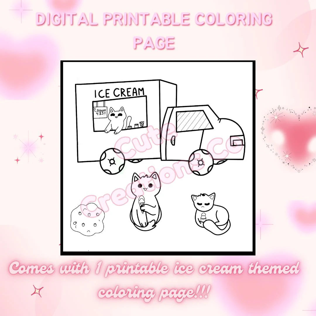 Cute Kawaii Ice Cream Themed Kitty Coloring Page for Cat Lovers