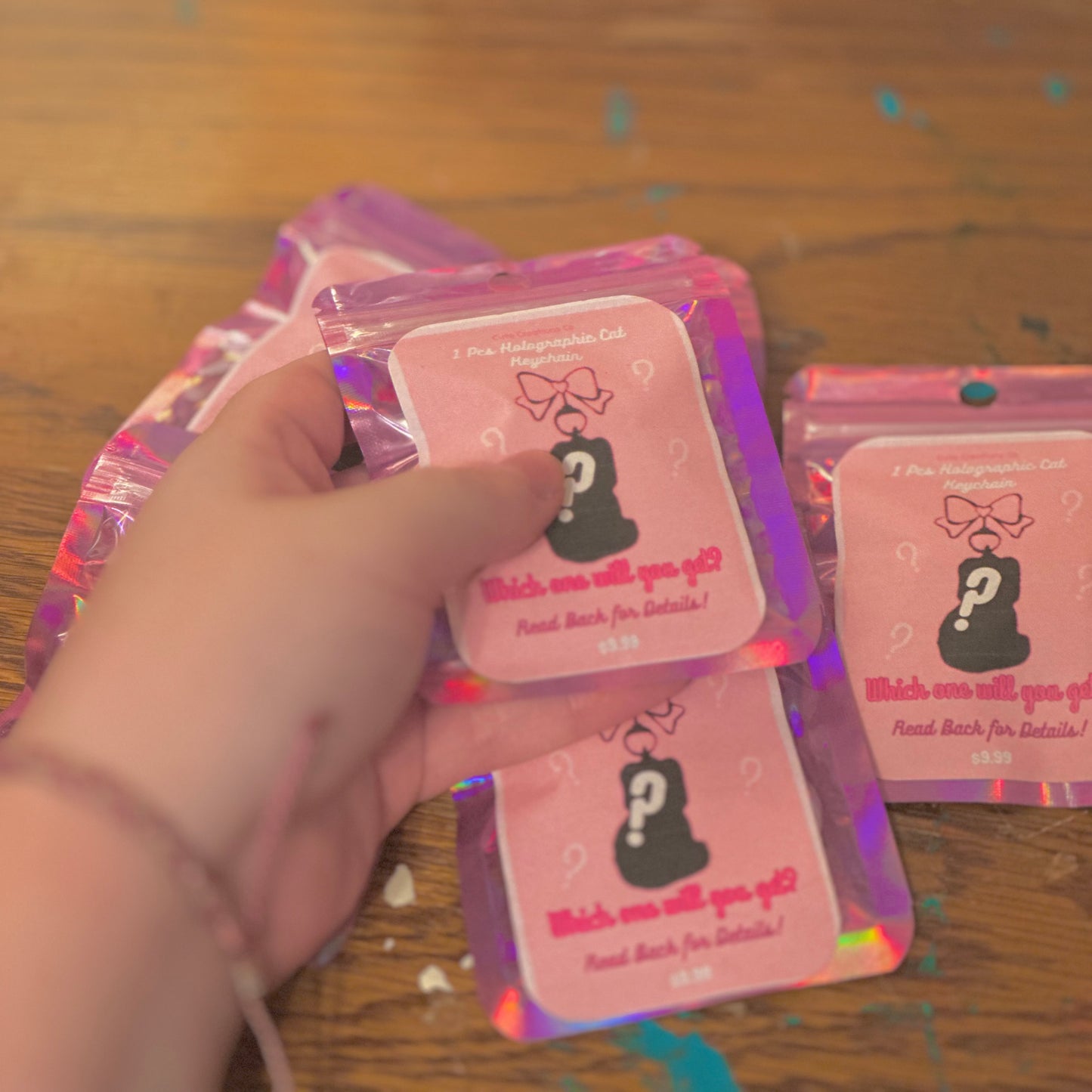 mystery/random holographic double sided kitty keychain | 5 different variants | keychain blind bag