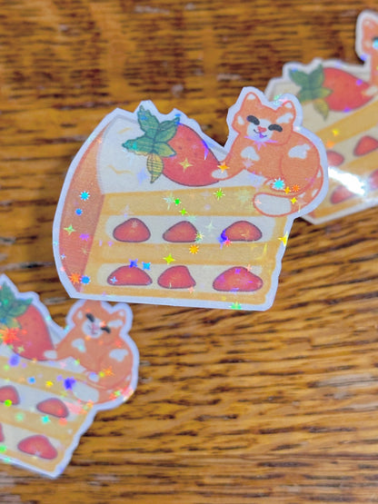 Cute & kawaii strawberry shortcake kitty holographic sticker | handmade!