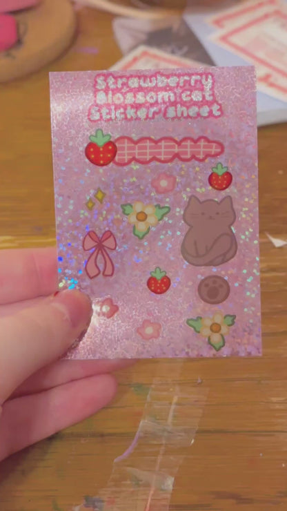 Strawberry Blossom Mini Holographic Cat Sticker Sheet🍓🌼