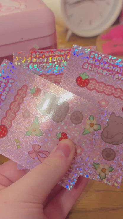 Strawberry Blossom Mini Holographic Cat Sticker Sheet🍓🌼