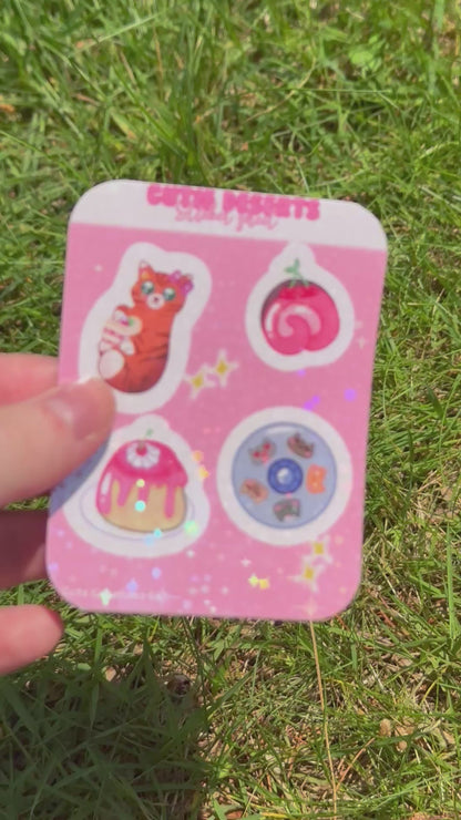 Mini ‘Cutie Desserts’ Holographic Easy Peel Cat Themed Sticker Sheet