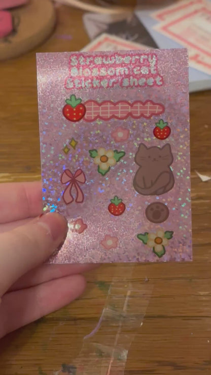 Strawberry Blossom Mini Holographic Cat Sticker Sheet🍓🌼